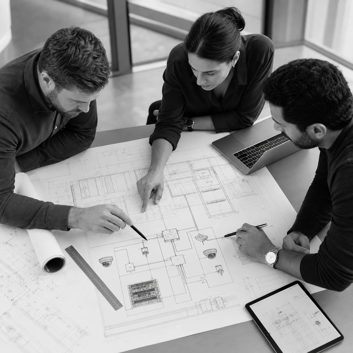 Profesionales revisando planos de ingeniería para infraestructura tecnológica