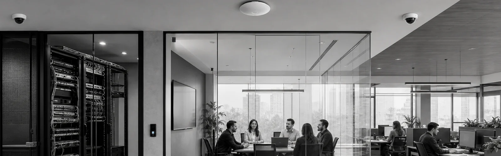 Oficina corporativa con sala de rack, WiFi, cámaras, reunión y usuarios conectados