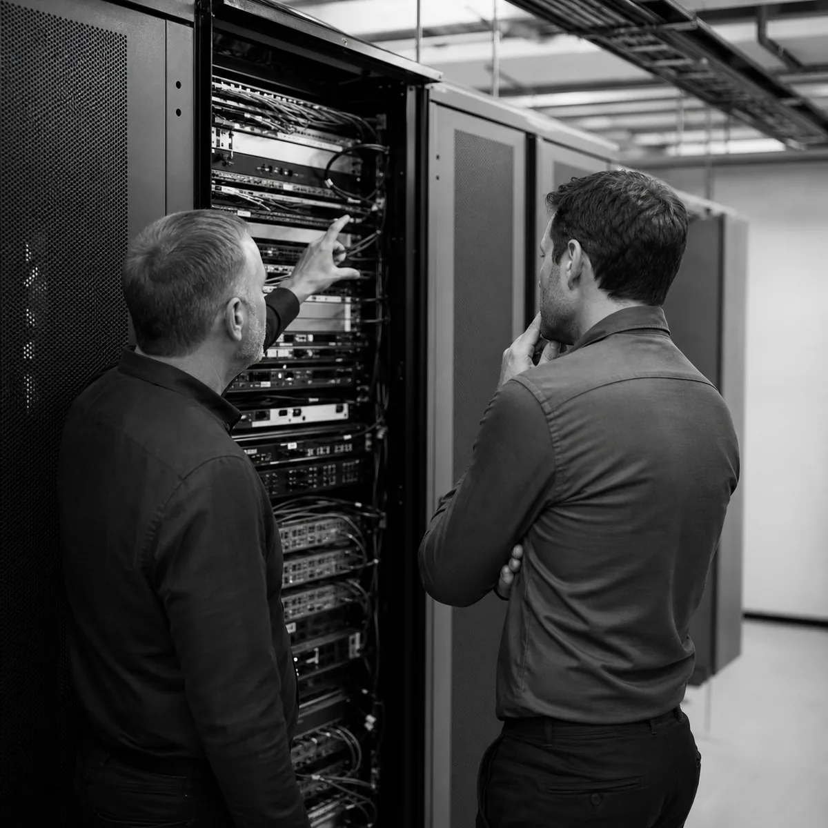 Especialistas revisando infraestructura tecnológica empresarial