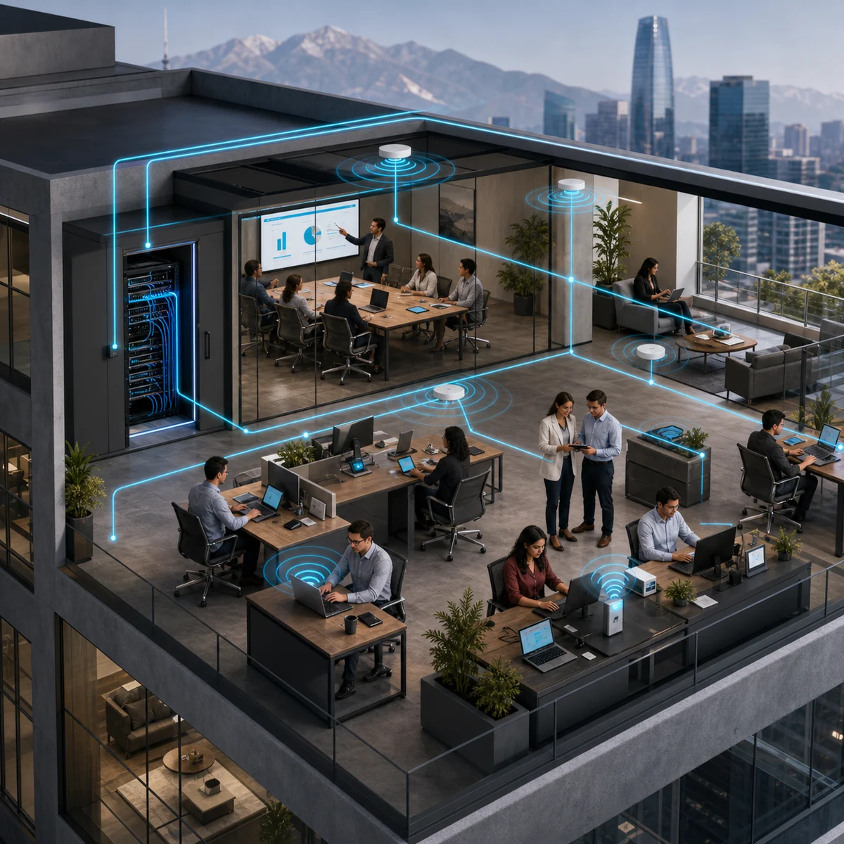 Oficina empresarial conectada mediante WiFi, access points y red cableada